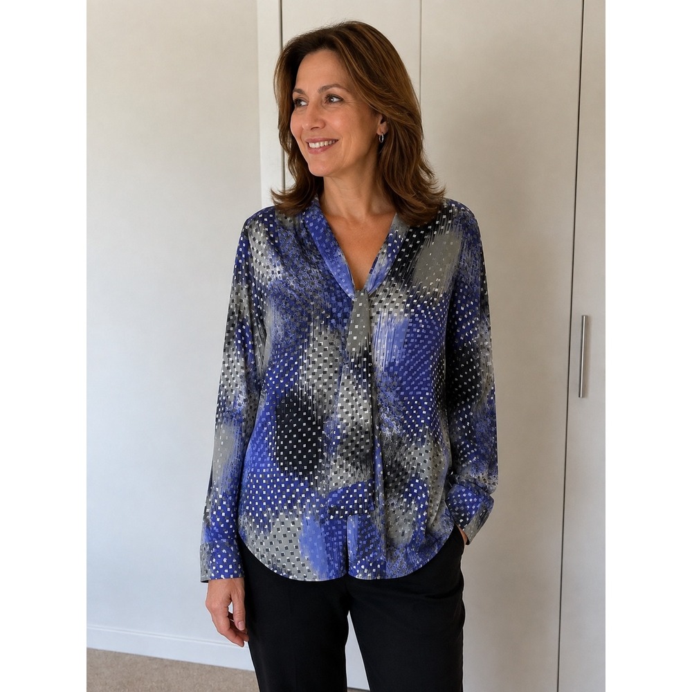 Cache Blue Grey Abstract Geometric Tie Neck Blouse Long Sleeve Top Size 4